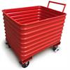 Red corrugated steel scrap hopper with a handle and casters